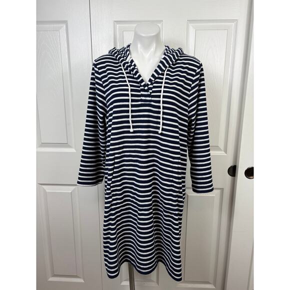 Loft Swim Women's Striped V-Neck Terry Hooded Cover Up Dress Size L Navy NWT - Picture 3 of 10